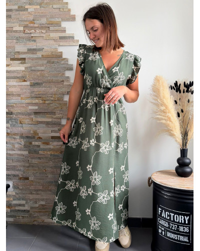 JOSEPHINE | Robe mi-longue kaki motif blanc