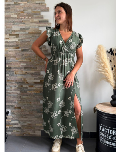 JOSEPHINE | Robe mi-longue kaki motif blanc