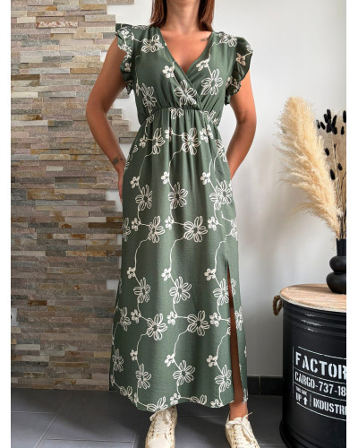 JOSEPHINE | Robe mi-longue kaki motif blanc