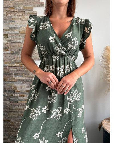 JOSEPHINE | Robe mi-longue kaki motif blanc