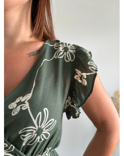 JOSEPHINE | Robe mi-longue kaki motif blanc