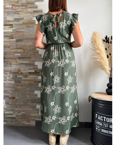 JOSEPHINE | Robe mi-longue kaki motif blanc