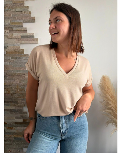RUBEN | Tee-shirt beige col v légèrement irisé