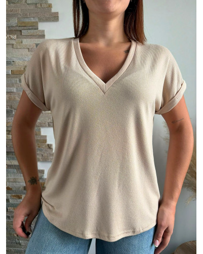 RUBEN | Tee-shirt beige col v légèrement irisé