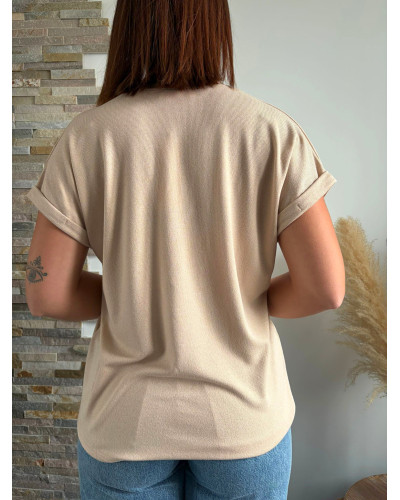 RUBEN | Tee-shirt beige col v légèrement irisé