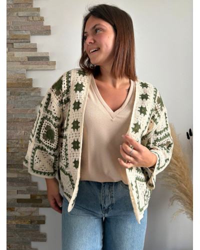 FLORENCE | Veste macramé kaki et écrue