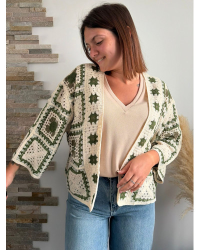 FLORENCE | Veste macramé kaki et écrue