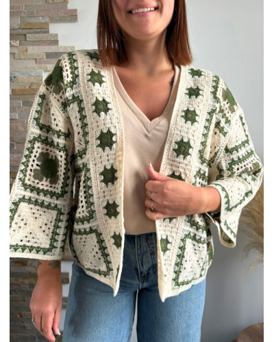 FLORENCE | Veste macramé kaki et écrue