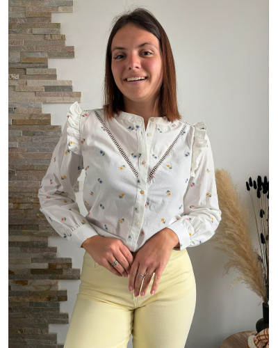 BENEDICTE | Blouse coton blanche broderie fleurie