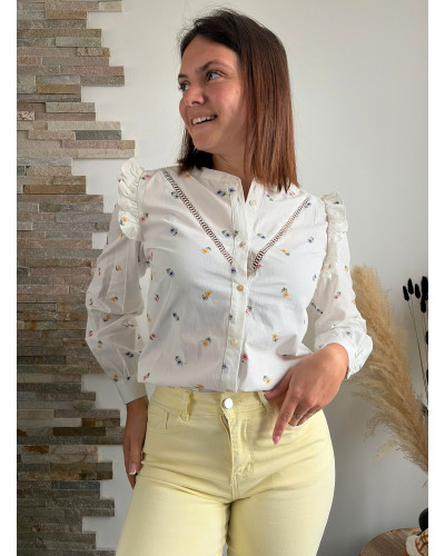BENEDICTE | Blouse coton blanche broderie fleurie