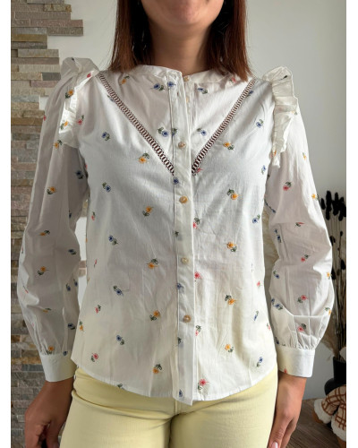 BENEDICTE | Blouse coton blanche broderie fleurie