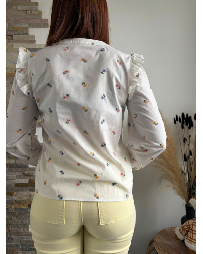 BENEDICTE | Blouse coton blanche broderie fleurie