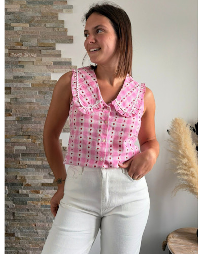 LEANE | Blouse rose à carreaux et cœurs