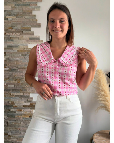 LEANE | Blouse rose à carreaux et cœurs
