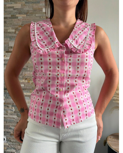 LEANE | Blouse rose à carreaux et cœurs