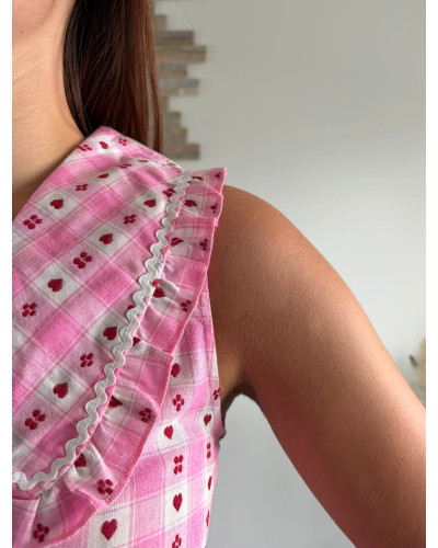 LEANE | Blouse rose à carreaux et cœurs