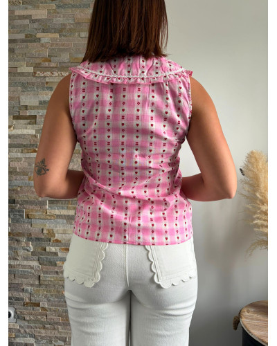 LEANE | Blouse rose à carreaux et cœurs