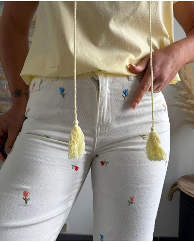 YOHAN | Jean blanc broderie fleurie