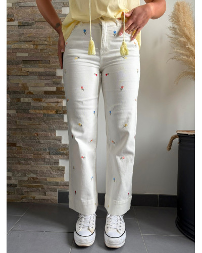 YOHAN | Jean blanc broderie fleurie