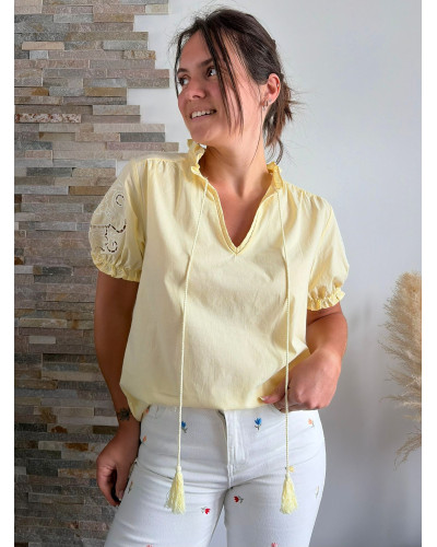 CECILE | Blouse manche courte jaune broderie