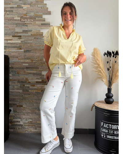 CECILE | Blouse manche courte jaune broderie