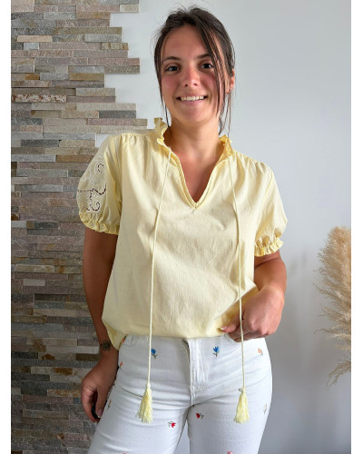 CECILE | Blouse manche courte jaune broderie