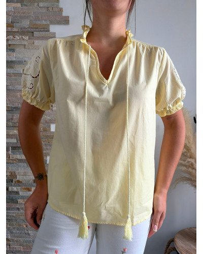 CECILE | Blouse manche courte jaune broderie