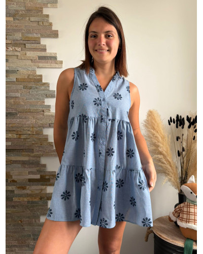 FLEURINE | Robe sans manche bleu effet lin avec broderie