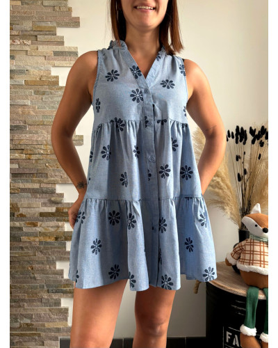 FLEURINE | Robe sans manche bleu effet lin avec broderie