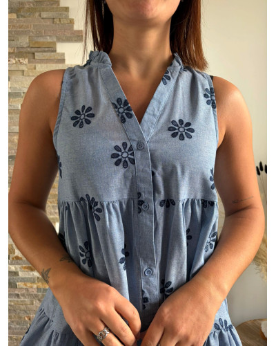 FLEURINE | Robe sans manche bleu effet lin avec broderie