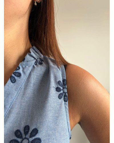 FLEURINE | Robe sans manche bleu effet lin avec broderie