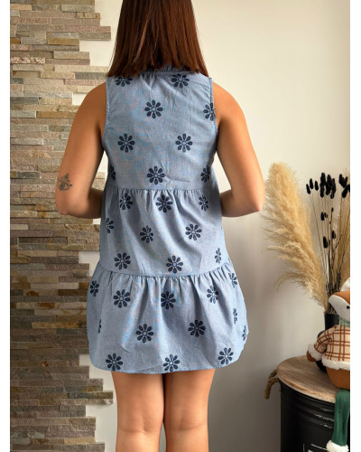 FLEURINE | Robe sans manche bleu effet lin avec broderie