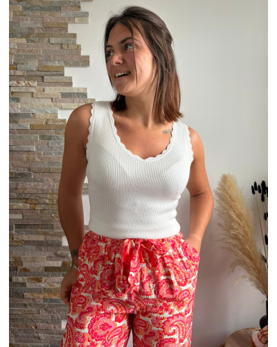 NICOLAS | Top en maille fine blanc décolleté feston