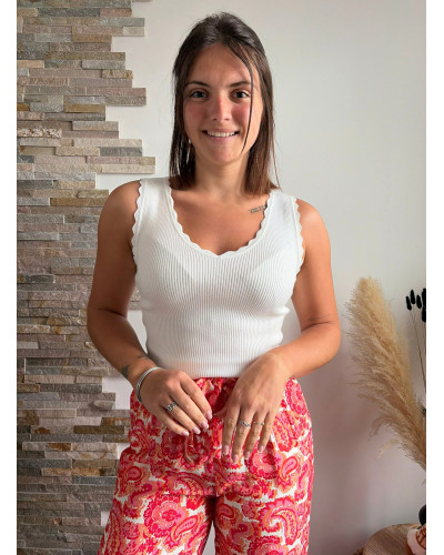 NICOLAS | Top en maille fine blanc décolleté feston