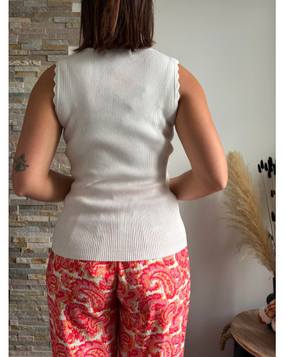 NICOLAS | Top en maille fine blanc décolleté feston