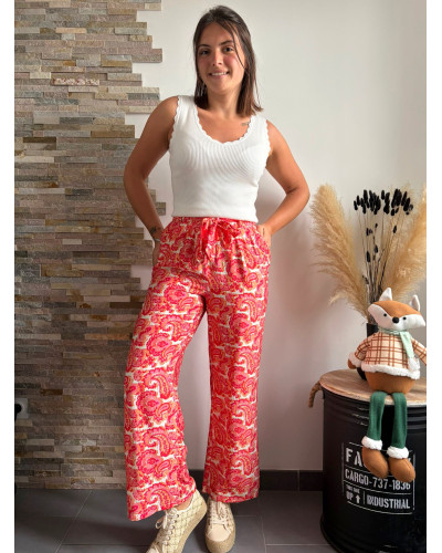 EDOUARD | Pantalon fluide large motif rose et rouge