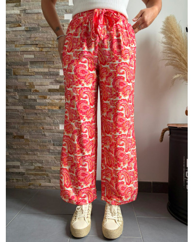 EDOUARD | Pantalon fluide large motif rose et rouge