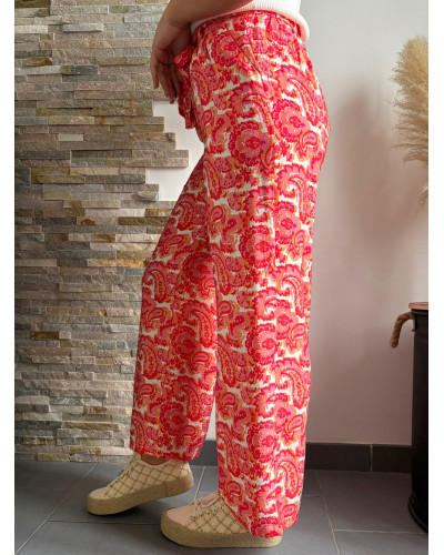 EDOUARD | Pantalon fluide large motif rose et rouge