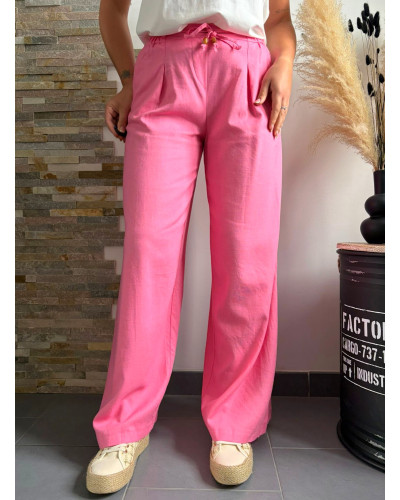 ARNAUD | Pantalon large lin rose élastique à la taille
