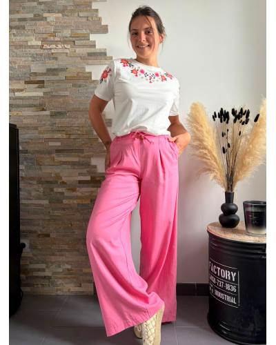 ARNAUD | Pantalon large lin rose élastique à la taille