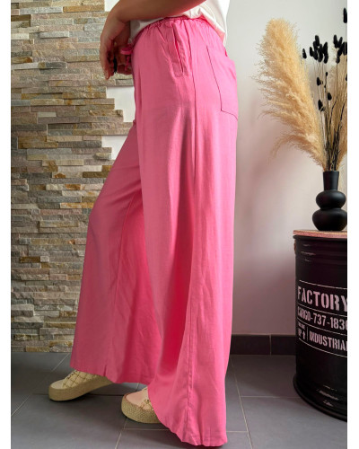 ARNAUD | Pantalon large lin rose élastique à la taille