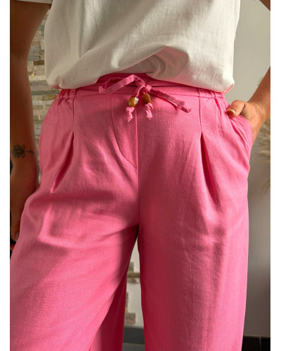 ARNAUD | Pantalon large lin rose élastique à la taille