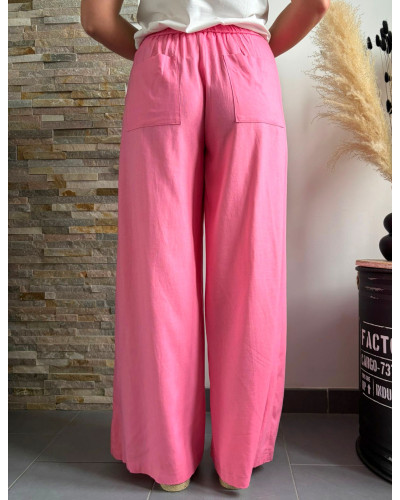ARNAUD | Pantalon large lin rose élastique à la taille