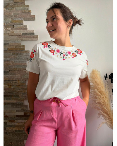 JEREMY | Tee-shirt blanc coton avec fleurs colorées