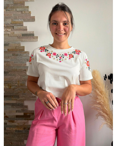 JEREMY | Tee-shirt blanc coton avec fleurs colorées