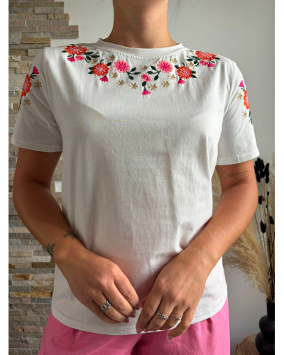 JEREMY | Tee-shirt blanc coton avec fleurs colorées