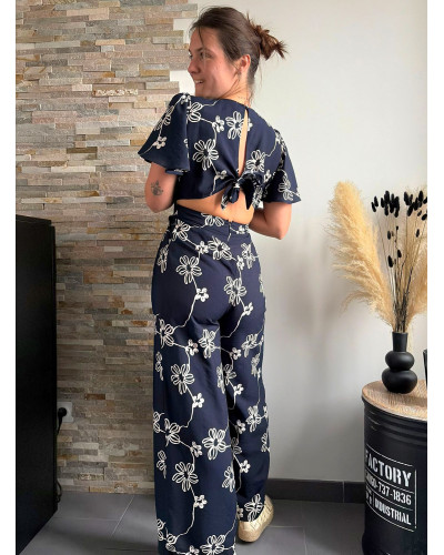 ALINE | Combinaison pantalon fluide bleu marine à motifs