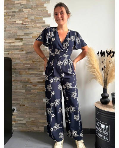 ALINE | Combinaison pantalon fluide bleu marine à motifs