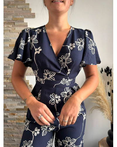 ALINE | Combinaison pantalon fluide bleu marine à motifs