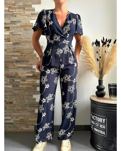 ALINE | Combinaison pantalon fluide bleu marine à motifs